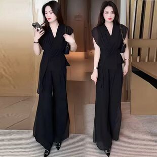 妈妈休闲雪纺套装女2026夏季洋气修身显瘦上衣阔腿裤两件套潮