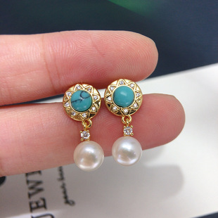 诸暨珍珠天然淡水珍珠耳钉女轻奢中古复古简约绿松石珍珠耳饰批发
