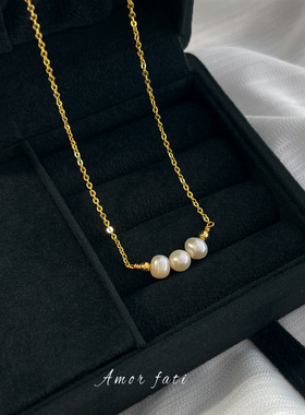 高品质5A级淡水珍珠项链女法式轻奢风锁骨链优雅气质颈链镀18K金