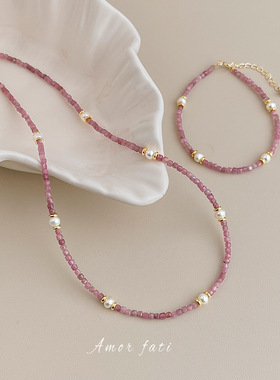 天然石淡水珍珠项链法式甜美粉碧玺锁骨链轻奢风送闺蜜珍珠手链女