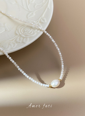 5A级强光淡水珍珠项链镀18k金法式轻奢风贝母珠锁骨链高级感颈链