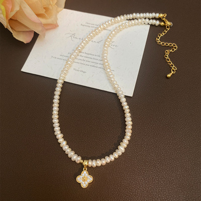 诸暨天然淡水珍珠项链女巴洛克扁圆baby珠小米珠四叶草吊坠锁骨链