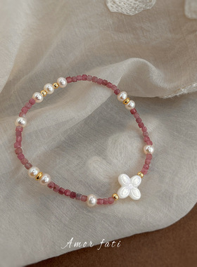 极细粉碧玺淡水珍珠手链女原创贝母花朵手串轻奢风气质送闺蜜手饰