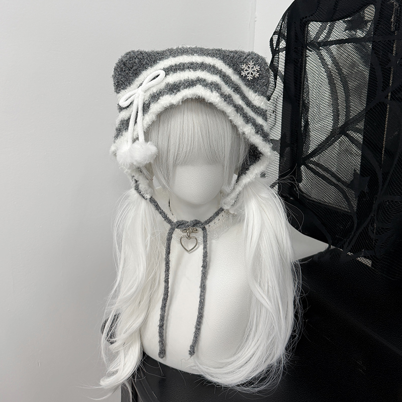 1Gangster Inn毛绒蝴蝶结条纹猫耳帽可爱百搭显脸小保暖护耳针织