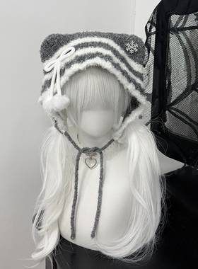 1Gangster Inn毛绒蝴蝶结条纹猫耳帽可爱百搭显脸小保暖护耳针织