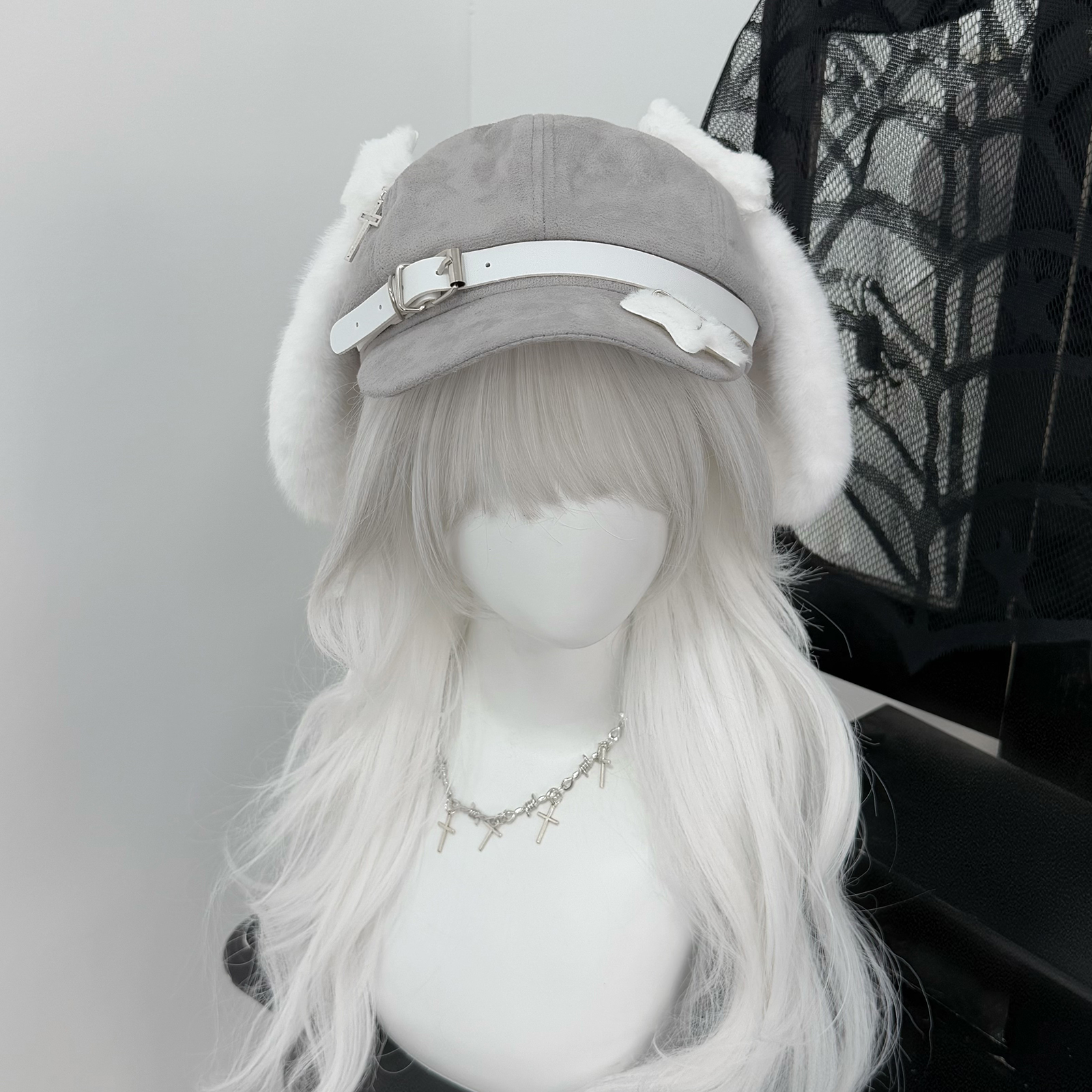 原创灰色白小狗耳朵贝雷帽