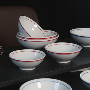 防烫双线红蓝边碗加厚陶瓷碗米饭碗汤碗豆浆碗面碗商用定制加logo