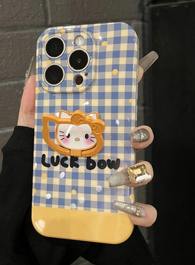 韩系ins风蓝色格纹猫咪带支架适用苹果15手机壳iPhone14promax超薄新款13软硅胶12小众高级感15pm不会撞壳11