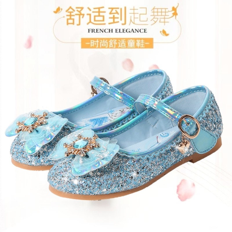 猫尔港女童爱莎公主鞋春秋新款儿童平底鞋宝宝软底小皮鞋水晶鞋子