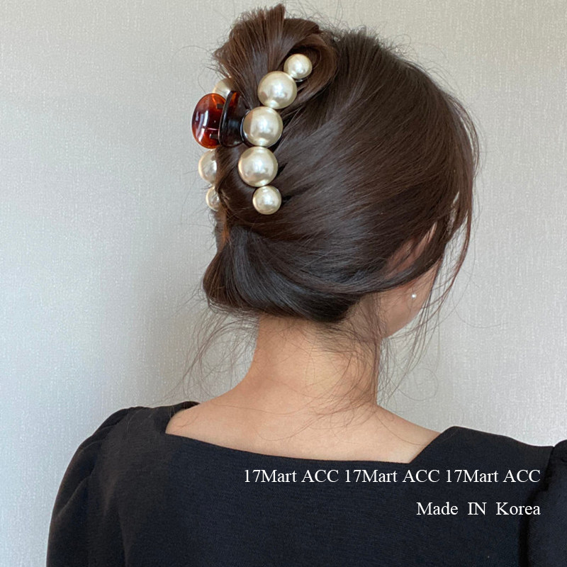 17mart韩国nyunyu光泽珍珠抓夹复古气质发抓大号盘发鲨鱼夹发卡
