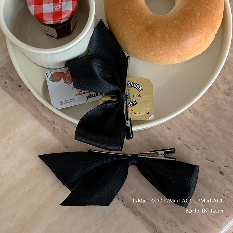 17mart韩国发饰甜美复古气质黑色缎面蝴蝶结发夹简约发卡鸭嘴夹