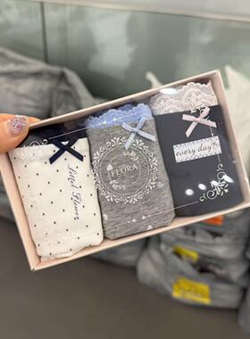 3.16韩国东大门flora新款蕾丝格纹小狗内裤套盒三条装