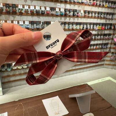 10.24韩国东大门nyunyu发饰秋冬布艺英伦格纹蝴蝶结发夹鸭嘴夹