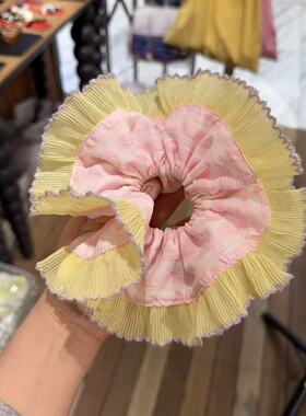 3.19韩国东大门Trois de LEI格纹布艺蕾丝黄色系花边大肠发圈