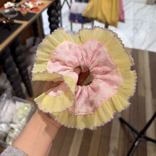 3.19韩国东大门Trois LEI格纹布艺蕾丝黄色系花边大肠发圈