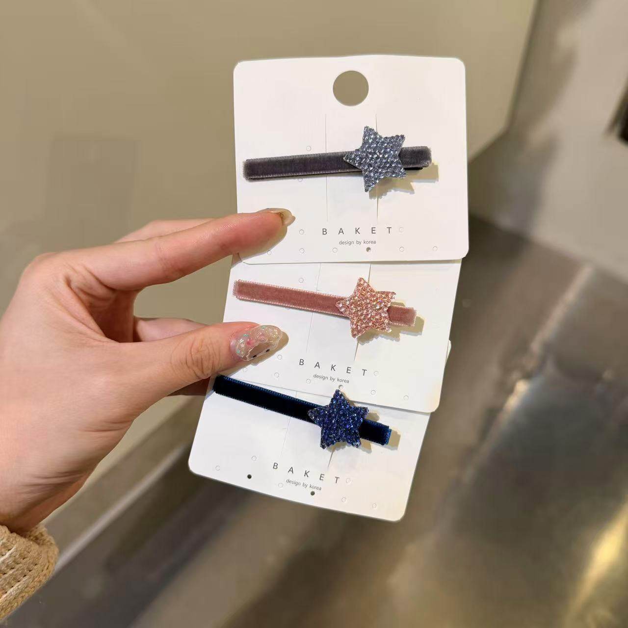 12.2韩国东大门baket发饰砂糖钻星星复古一字丝绒发夹边夹