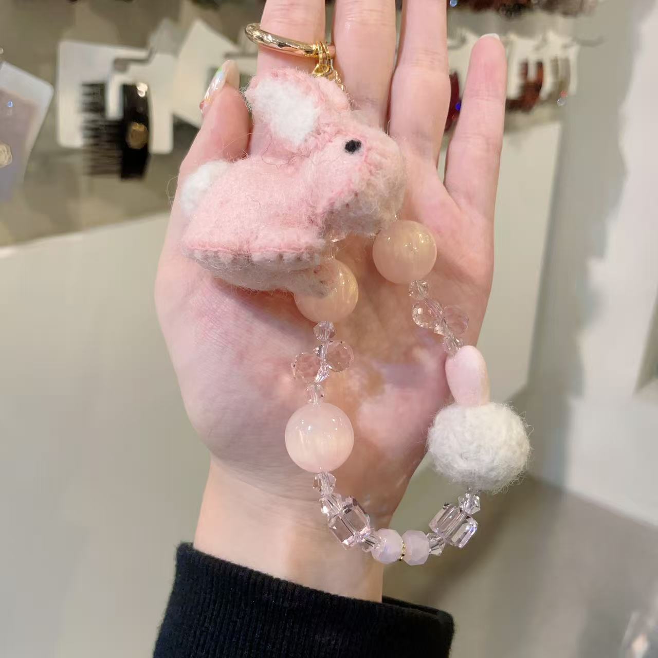 10.7直播韩国baket彩色羊毛毡小兔闪串珠手机绳包挂装饰