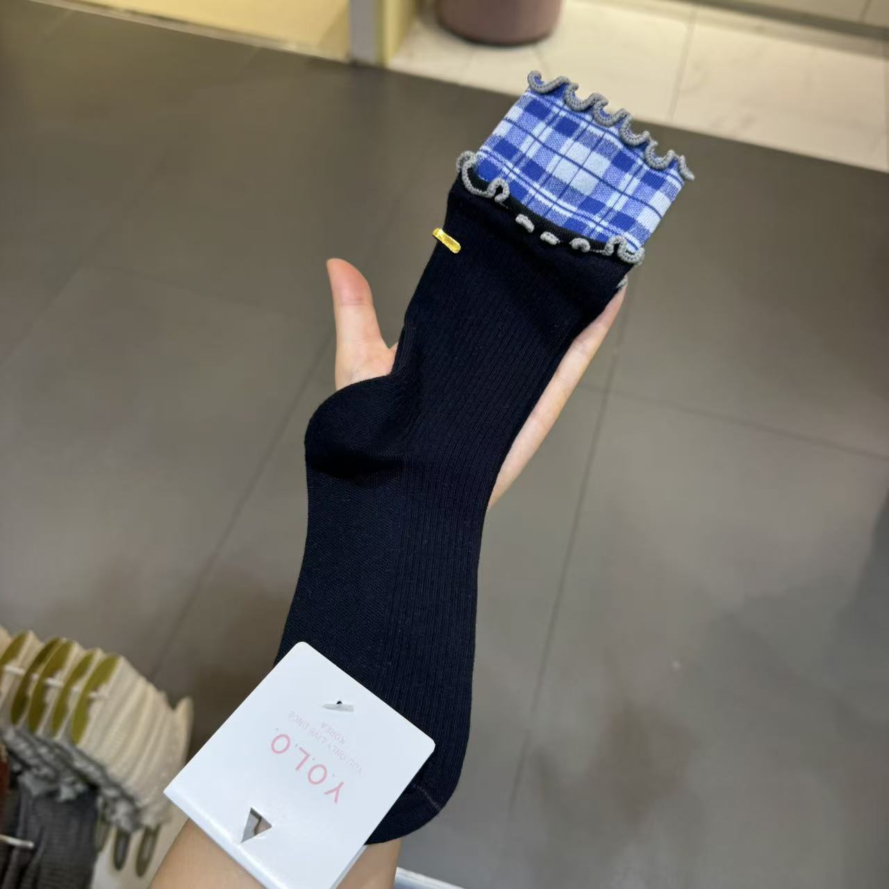 9.28东大门韩国YOLO猫咪小鱼学院格子褶皱花边简约袜子