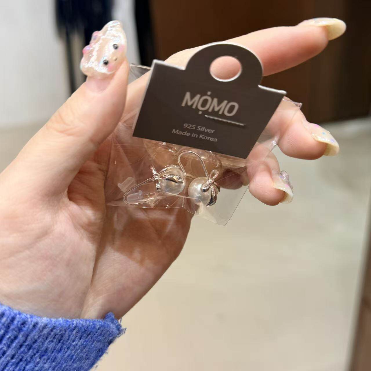12.15直播韩国momo银饰珍珠蝴蝶结耳钉925银