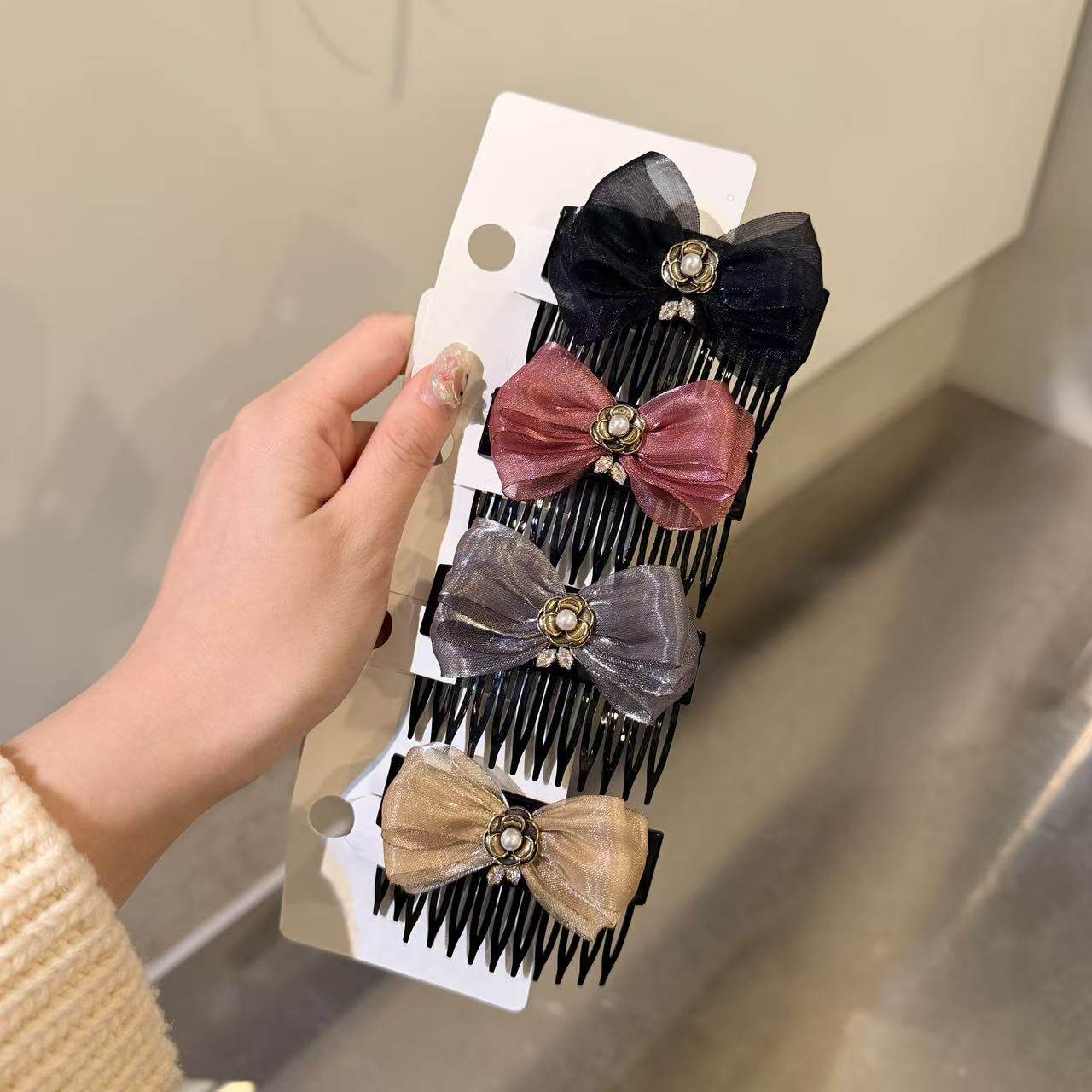 12.9韩国东大门baket发饰复古水光欧根纱蝴蝶结发梳倒插梳