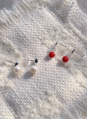 17mart韩国饰品甜美气质耳钉水滴珠珠925耳钉红色珠珠耳饰