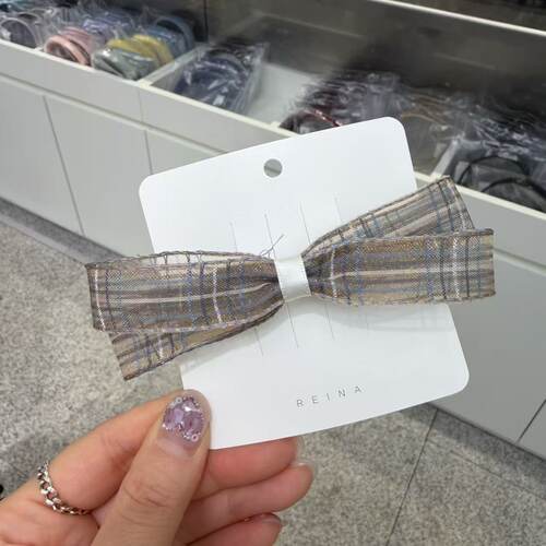 3.23韩国东大门SUU格纹网纱一字蝴蝶结发夹弹簧夹