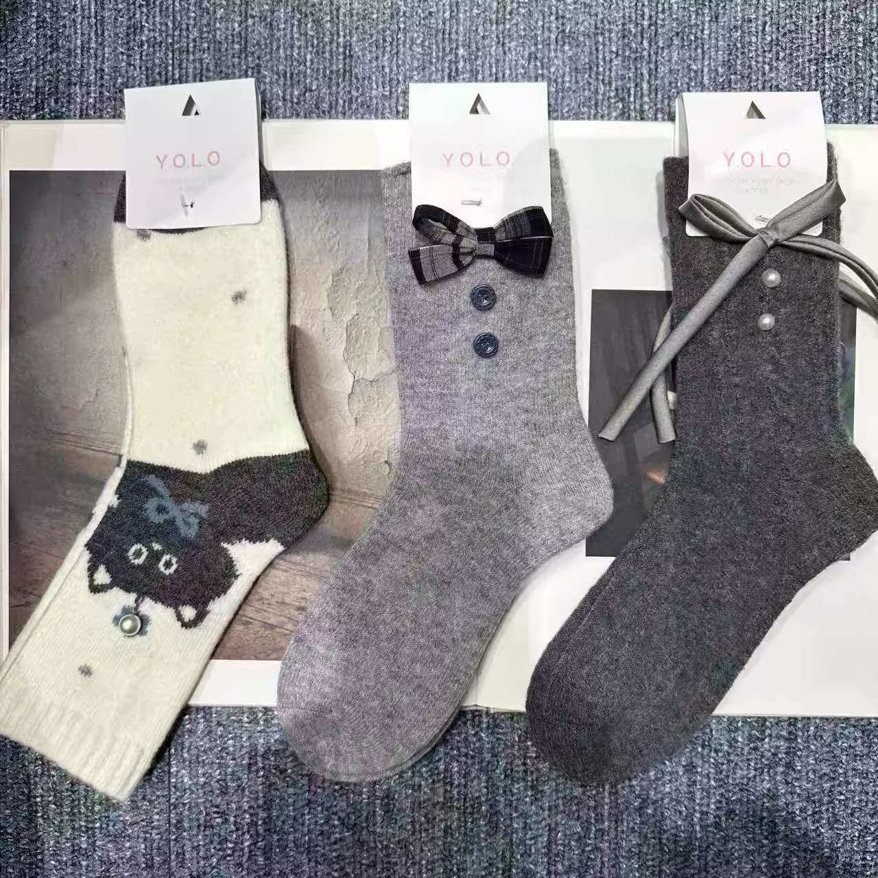 11.24东大门韩国YOLO猫猫蝴蝶结袜子