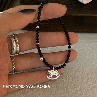 12.15直播韩国momo银饰小木马黑玛瑙串珠手链925银