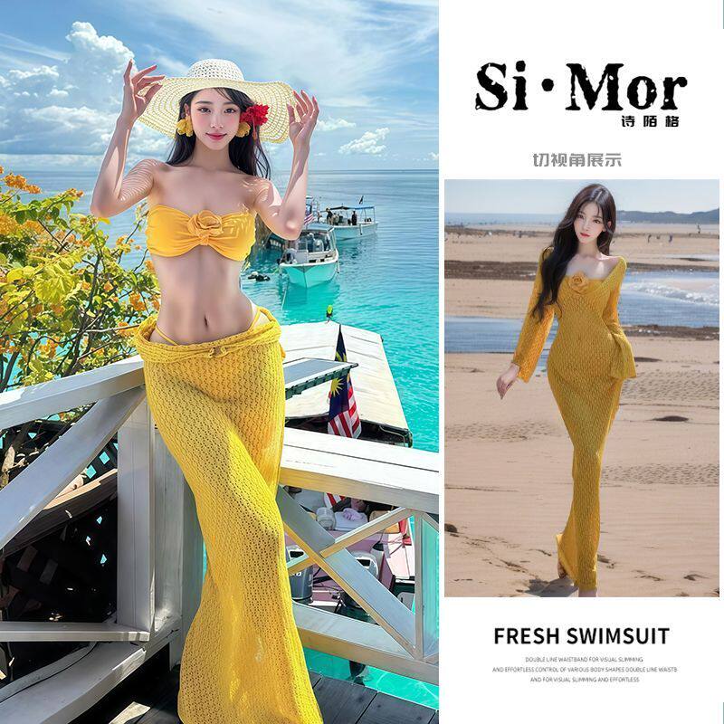 比基尼游泳衣女2026新款花朵海边性感度假三件套长袖防晒罩衫温泉