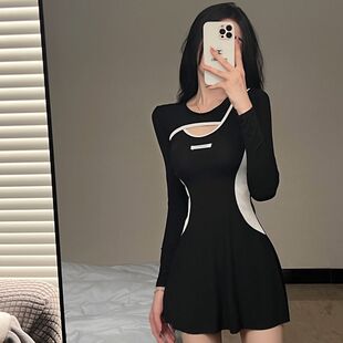 遮肚显瘦温泉小胸微胖泳装 纯欲风连体保守长袖 2026新款 泳衣女夏季