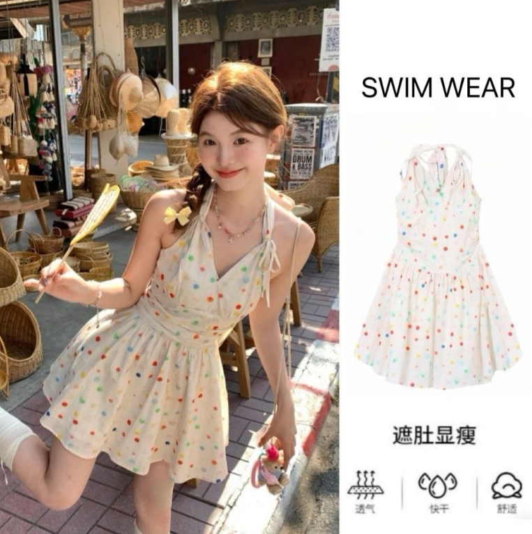 甜美彩虹波点挂脖泳衣女连体裙式性感露背温泉度假蝴风蝶结游泳装
