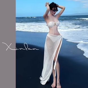 韩国泳衣女高级感沙滩海边度假风纯欲性感显瘦长裙白色分体比基尼