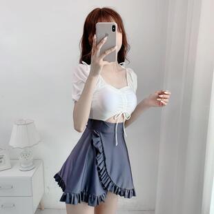 连体显瘦遮肚平角保守游泳装 网红泡温泉泳衣女2026新款 少女风裙式