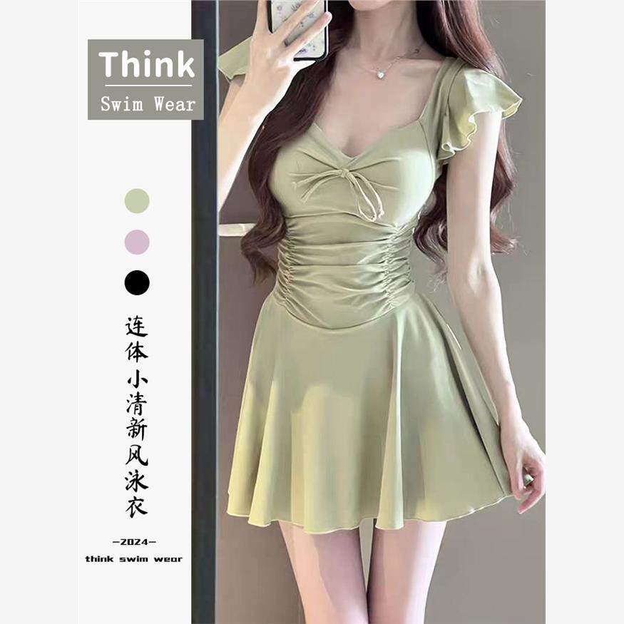 新款连体游泳衣女纯欲海边度假显瘦沙滩韩系马卡龙色系蝴蝶结ins