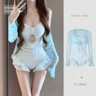 2026新款 女孩乐园可爱显瘦遮肉吊带连体泳衣女温泉 薄荷蓝防晒长袖