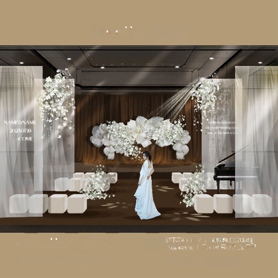 X375 小众纸艺白咖色布艺纱幔婚礼舞台素材效果图psd源文件
