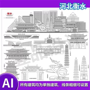 D463河北衡水市AI矢量地標旅游建筑海報設計線稿城市剪影手繪插畫