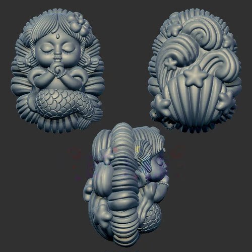 美人鱼贝壳三维立体图3d打印stl文件圆雕图雕刻机3d模型1835