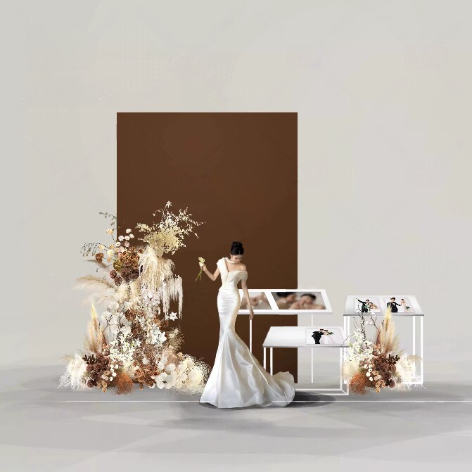 HY-43 白咖色香槟婚礼照片展示区小众花艺迎宾区美拉德效果图素材
