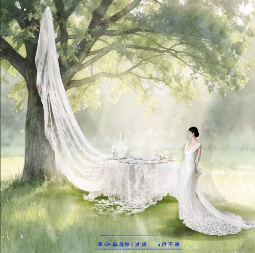 ML389户外树下白绿色甜品区婚礼效果图蕾丝布幔白绿花艺素材PSD