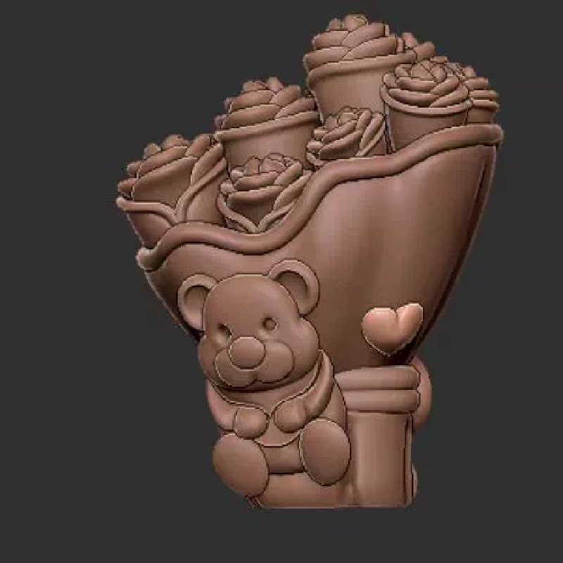 小熊玫瑰花束三维立体图圆雕图STL文件雕刻机3D模型