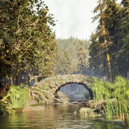 UE5.3森林河流石桥日夜景环境Black Forest PCG Environment