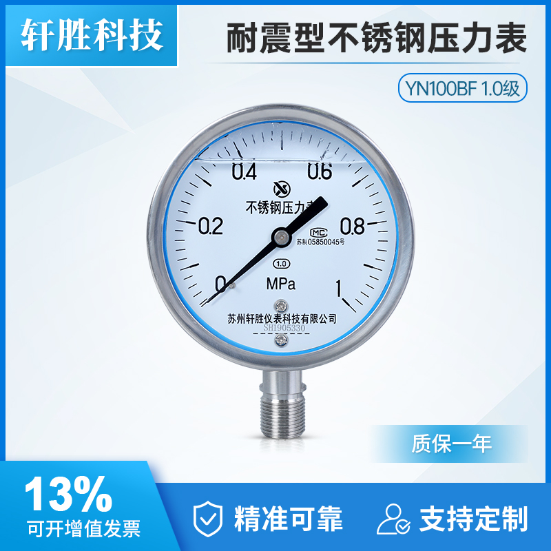 YN100BF1.0级耐震不锈钢压力表