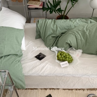 Moment 韩系白绿配色水洗棉纯色四件套无印风床上用品 Future日式