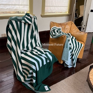 Moment Future毛毯空调房沙发盖毯绿色条纹复古简约四季毯子简约
