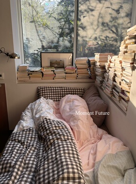 Moment Future复古法式韩系ins四件套粉色格子拼接花纹床上用品棉