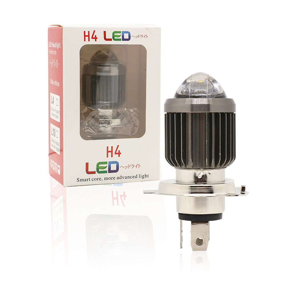 摩托车电动车LED大灯泡鱼眼带透镜大灯H4 三爪远近光超亮小钢炮
