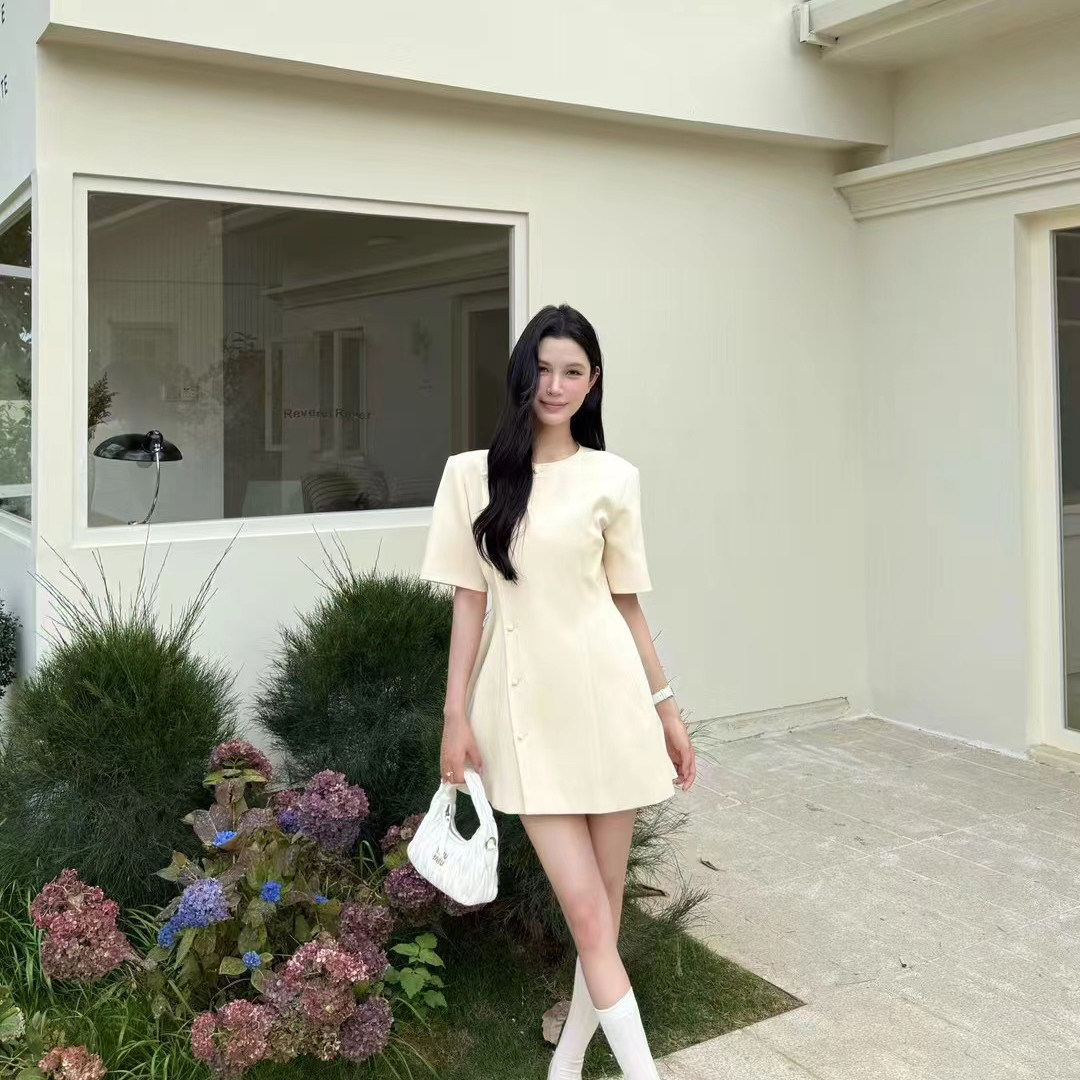 VANE小众设计圆领斜扣连衣裙2025夏装新款韩版收腰时尚中长款裙子