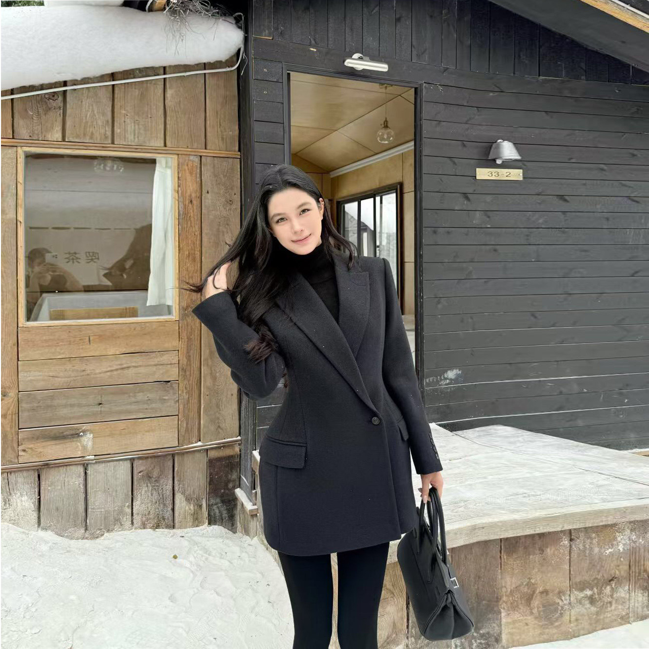 VANE复古时尚收腰呢子西装冬装新款韩版休闲气质加棉中长款外套女