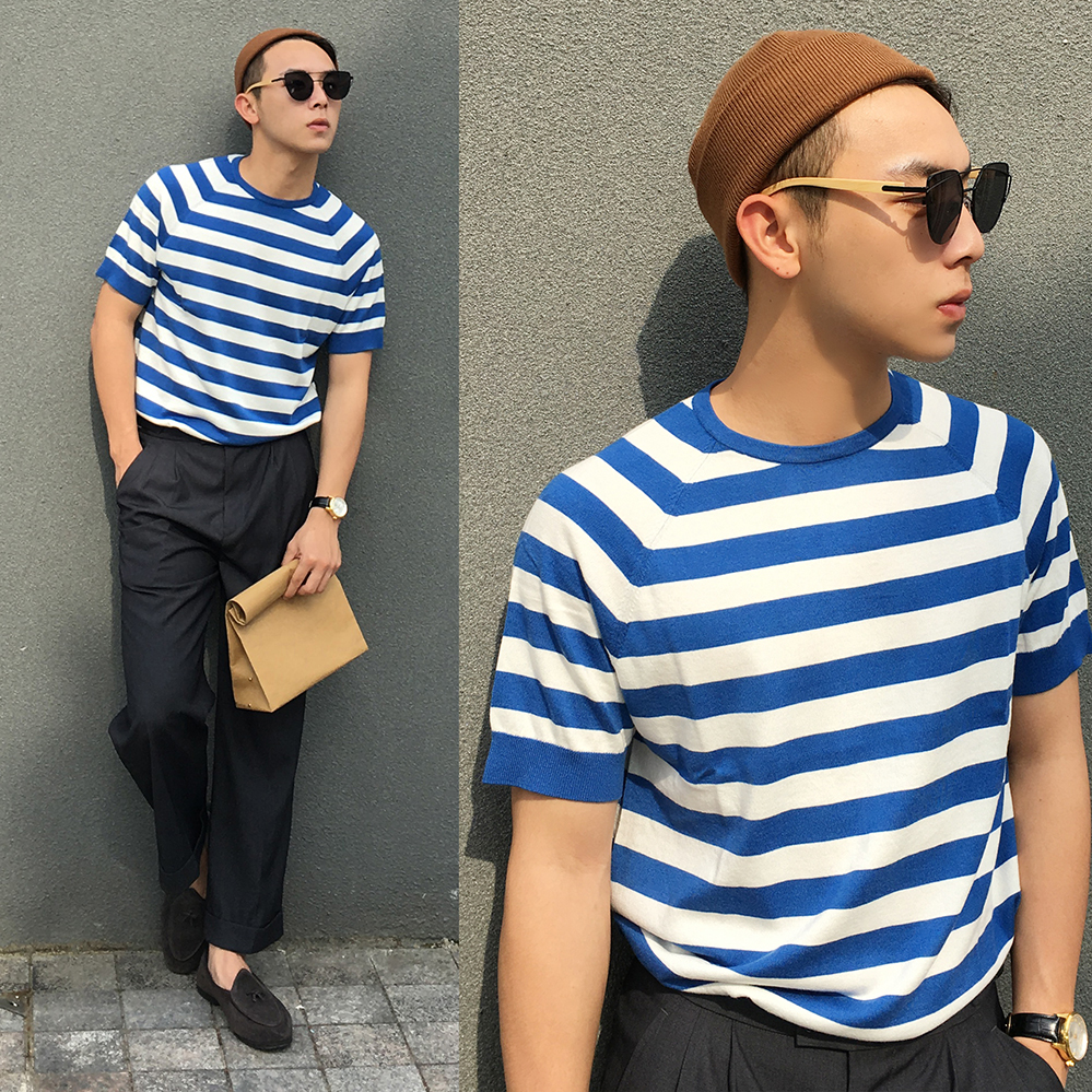 GSSU自制原创男装条纹圆领T恤针织短袖轻奢男装海魂衫套头短袖